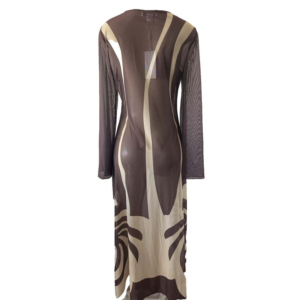 NWT Caroline Constas Brown Cover Up Maxi Dress Mesh Long Sleeve Sheer Beige M - Picture 5 of 9